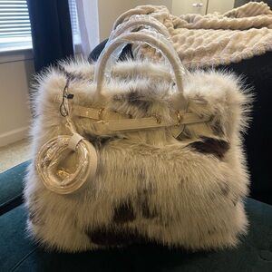 Faux Fur Women's Handbag - White and Brown